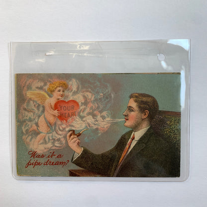 1912 Antique Valentine's Day Postcard Was It a Pipe Dream Gentleman Smoking Pipe