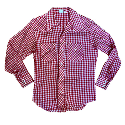 Vintage Lazy H Long Tail Western Shirt Red Gingham Men's Size Medium Pearl Snaps