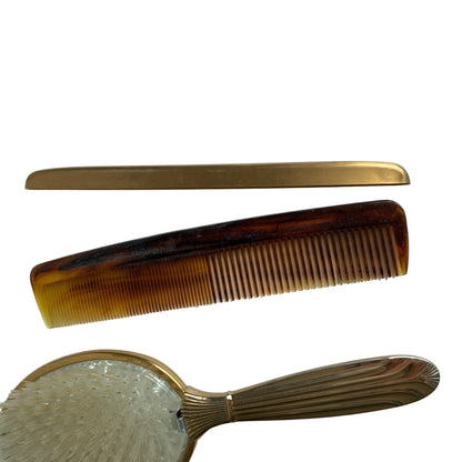 Vintage Gold Toned Lace Detail Dresser Mirror Brush and Comb Set