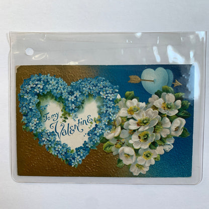 1910 Antique Valentine's Day Postcard Blue flowers Hearts
