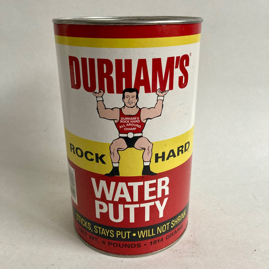 Vintage Durham's Rock Hard Water Putty Can Tin Weightlifter He-Man