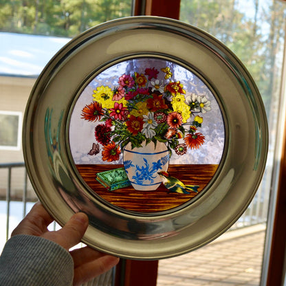 1981 Pewter United States Historical Society Stained Glass Plate Spring Flowers