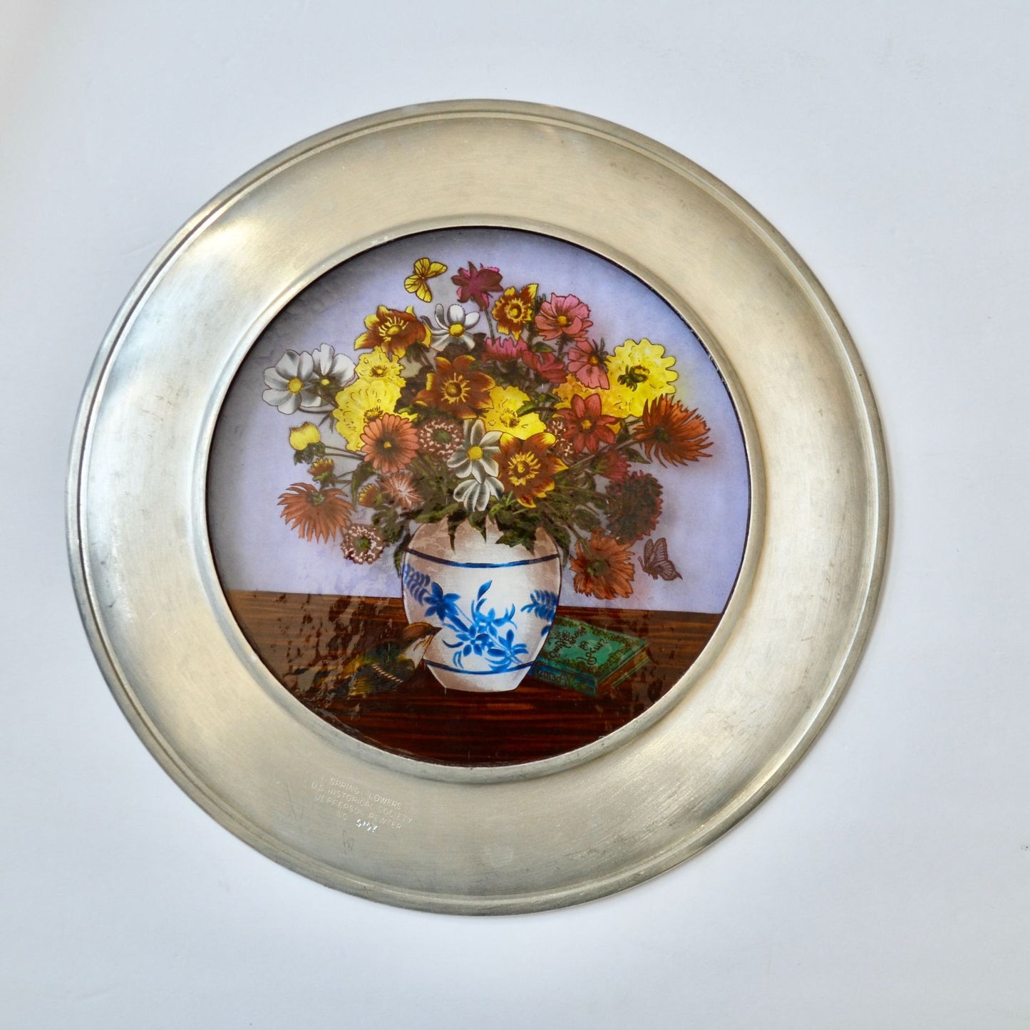 1981 Pewter United States Historical Society Stained Glass Plate Spring Flowers