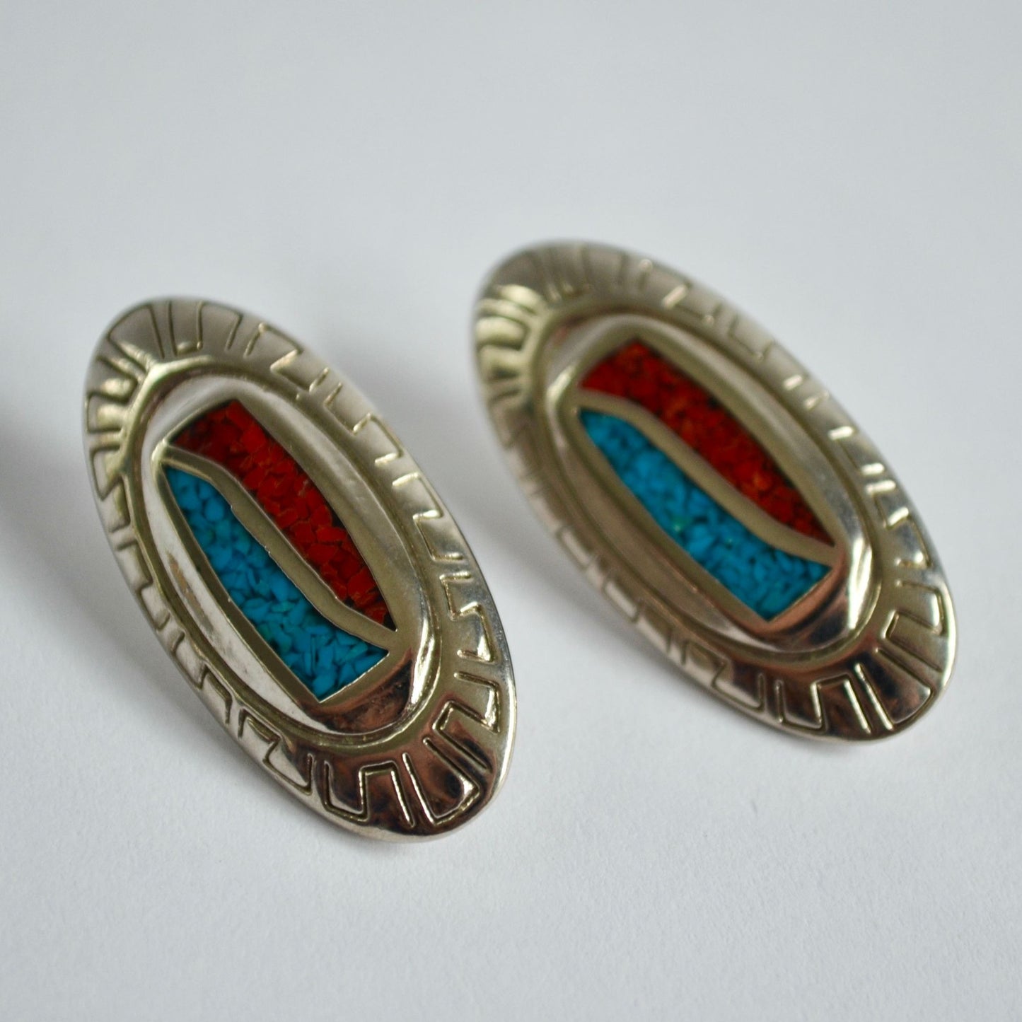 Vintage Signed Silver 89 Oval Earrings Red Turquoise Chip