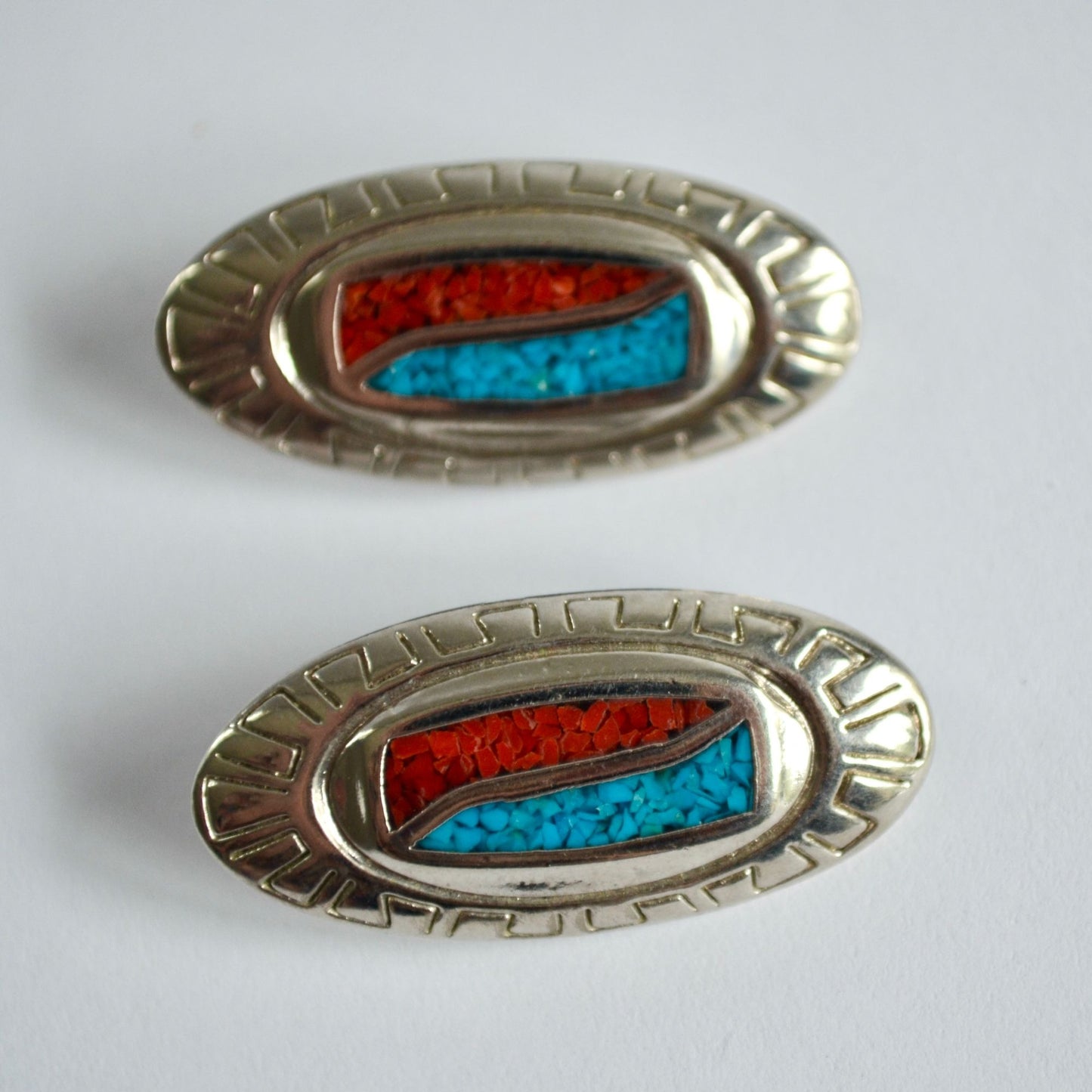 Vintage Signed Silver 89 Oval Earrings Red Turquoise Chip