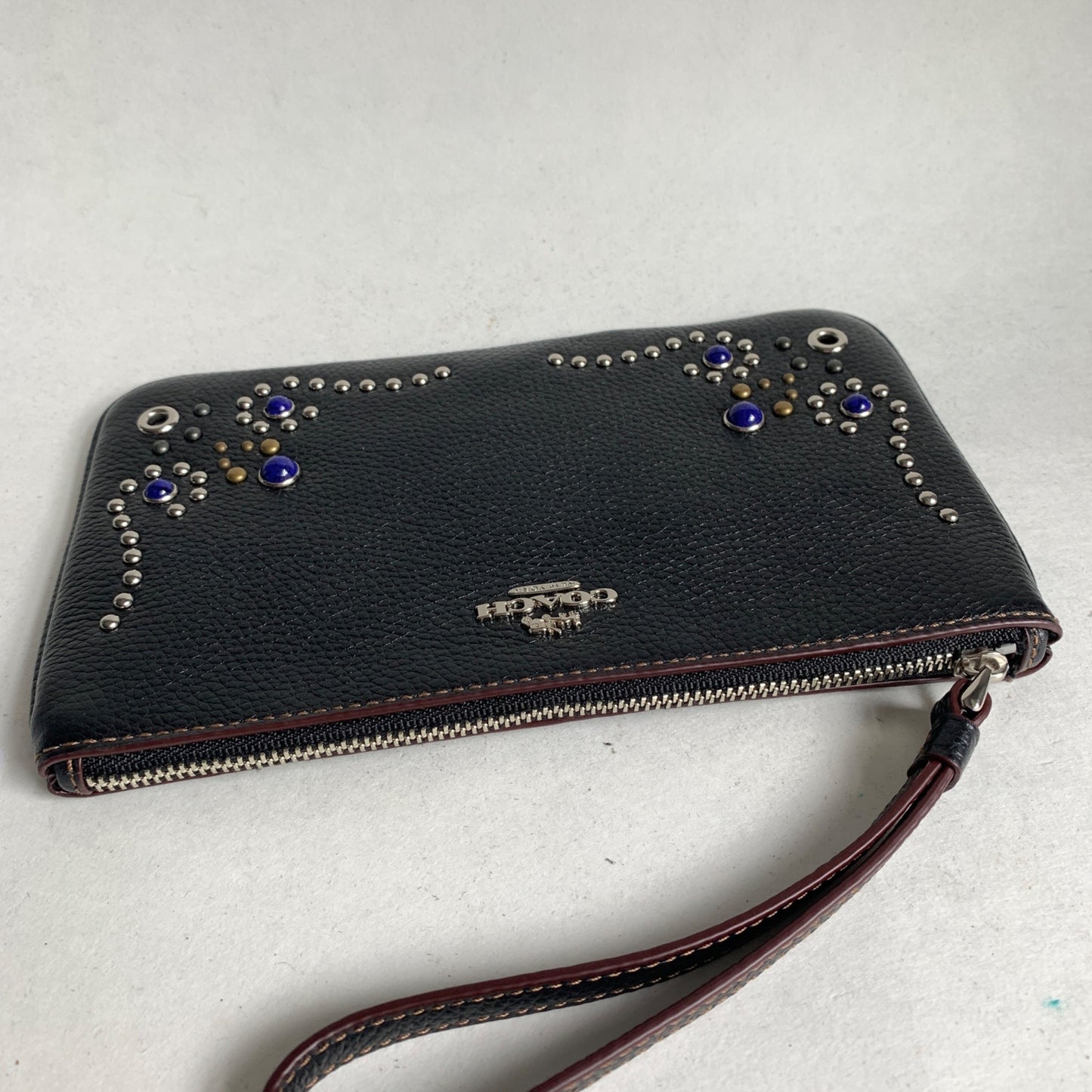 Coach Large Wristlet Black Pebble Leather Boarder Studded Embellishment F59069