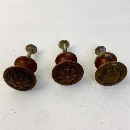 Lot 3 Antique Brass/Bronze 1" Drawer Pulls Knobs Floral Design Vintage ORIGINAL