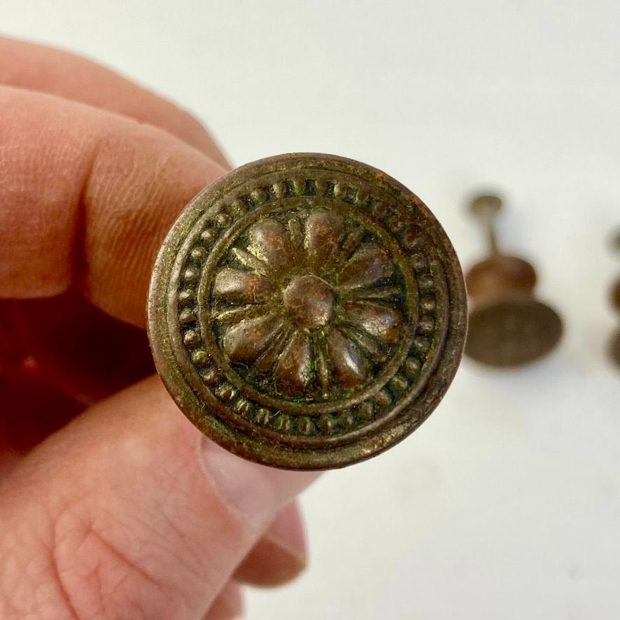 Lot 3 Antique Brass/Bronze 1" Drawer Pulls Knobs Floral Design Vintage ORIGINAL