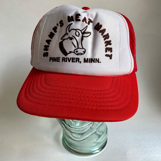 Vintage Trucker Hat Shamp's Meat Market Pine River Minnesota Red