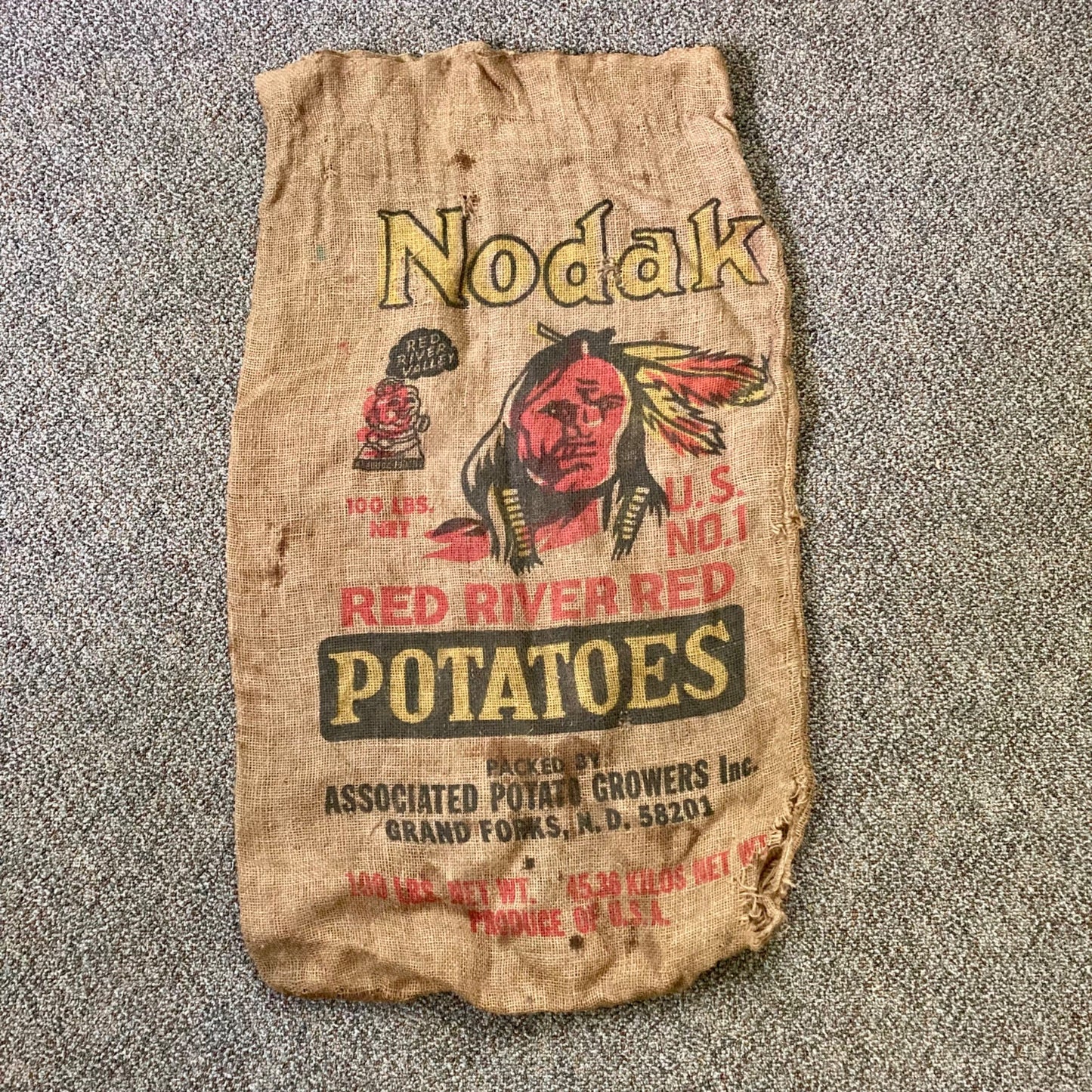 Vintage Nodak Red River Potatoes Burlap Bag Sack Native American NORTH DAKOTA