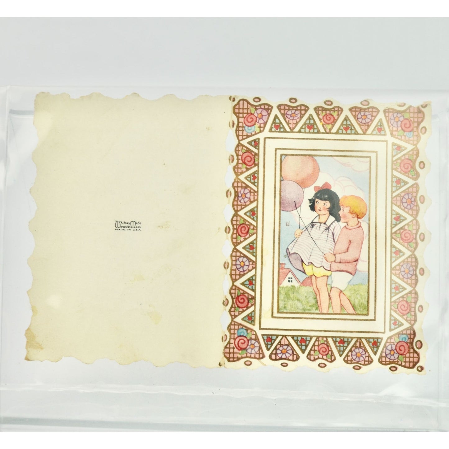 Vintage Valentine's Day Card Die Cut Whitney Made Boy Girl Balloons