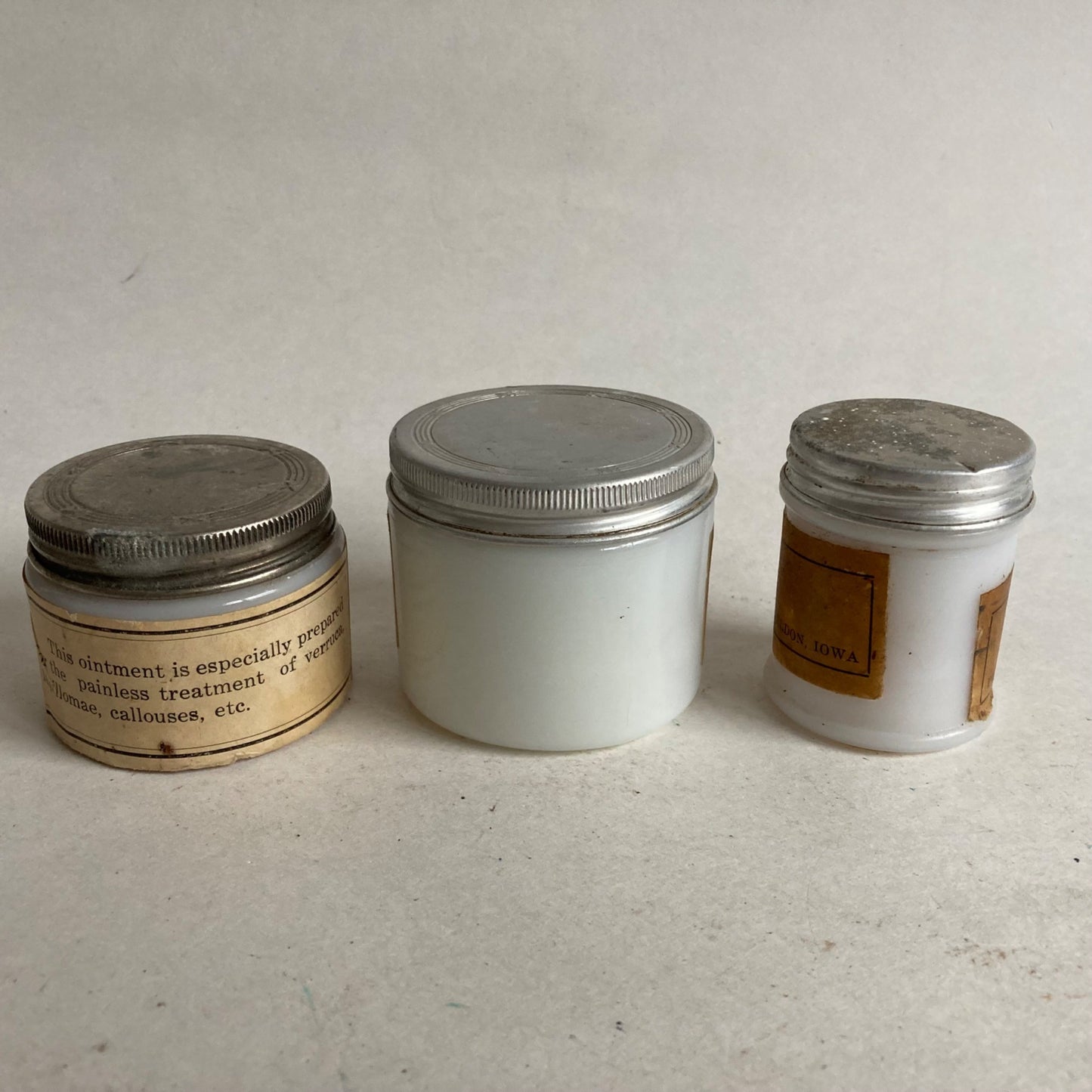 Lot 3 Vintage Medicine Jars Acid Ointment Scholl & Dr. Coles Foot Massage Cream