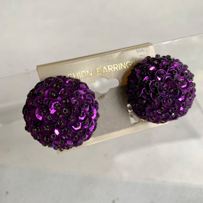 Vintage Purple Beaded Clip On Earrings