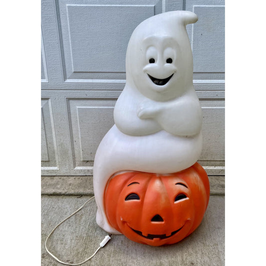 Vintage Empire Ghost Sitting on Pumpkin Blow Mold Halloween Jack-O-Lantern WORKS