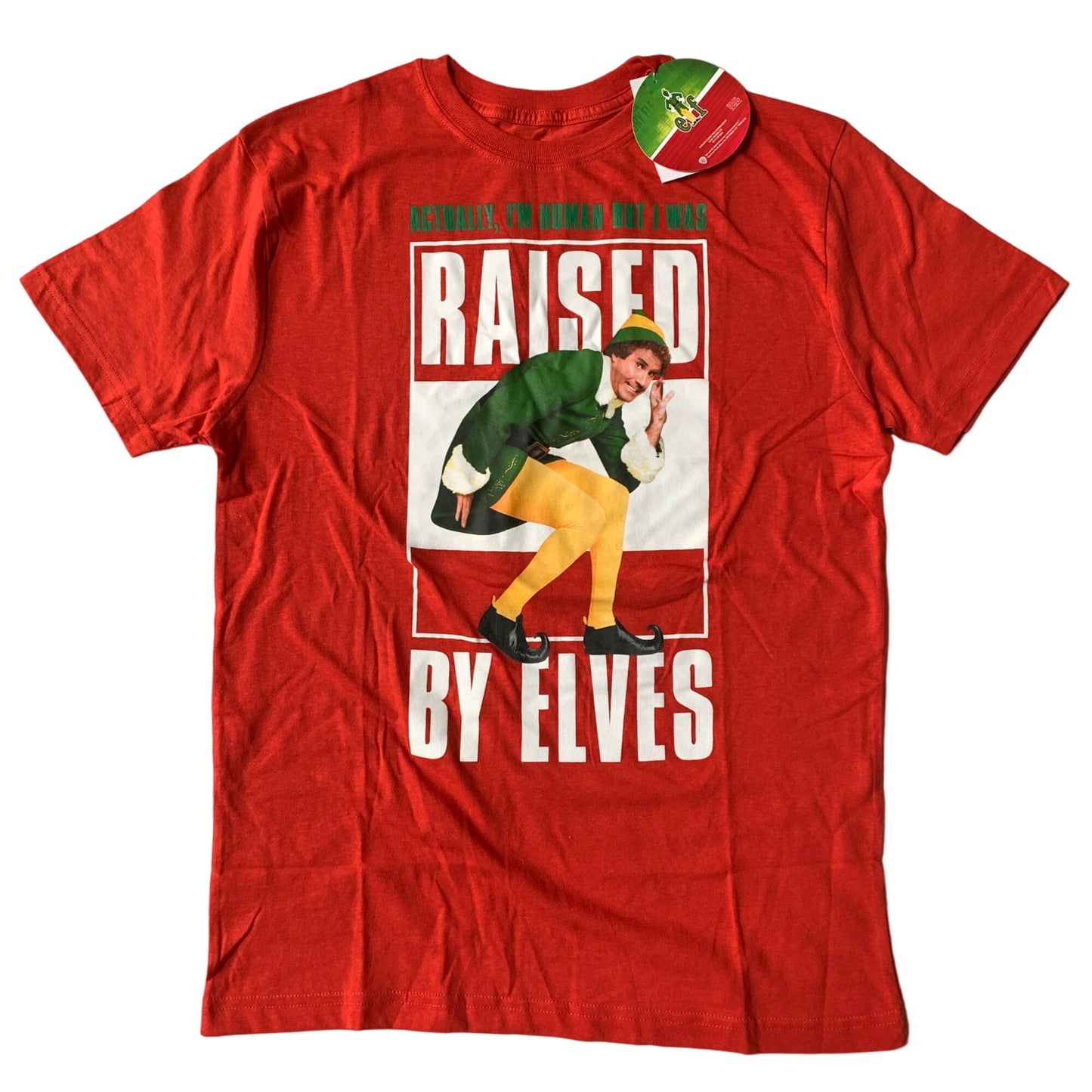 Elf Movie Raised by Elves Red Christmas Shirt NEW