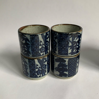 Takahashi Japan Vintage Gray Speckled Blue Bamboo Print Teapot 4 Cups Set