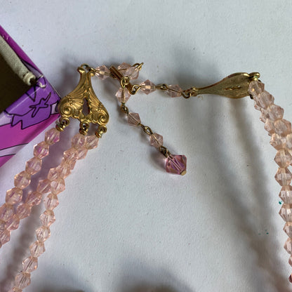 Vintage Pink Necklace Clip-On Earrings Box & Handkerchief Lot