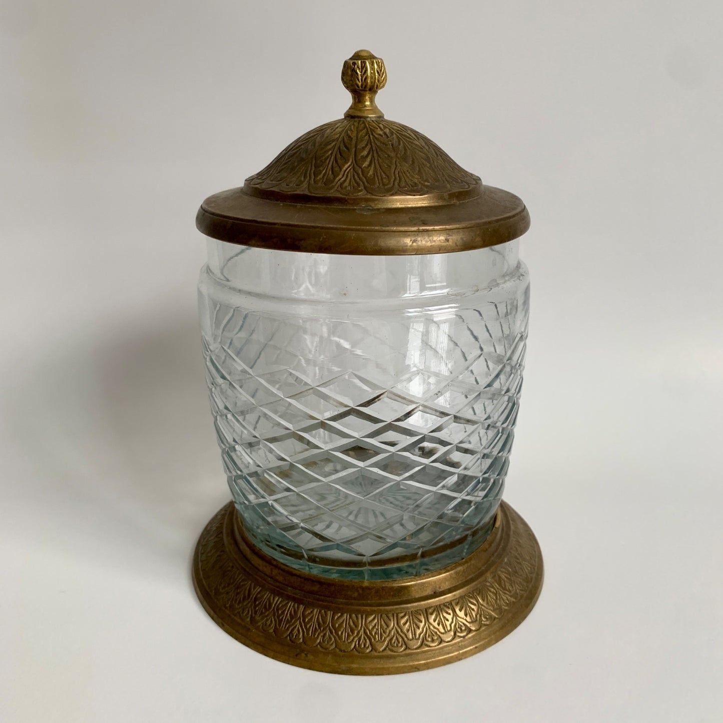 Vintage Brass & Glass Diamond Cut Humidor Apothecary Jar
