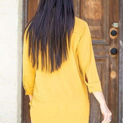 New Mustard 3/4 Sleeve Button Plunging Top