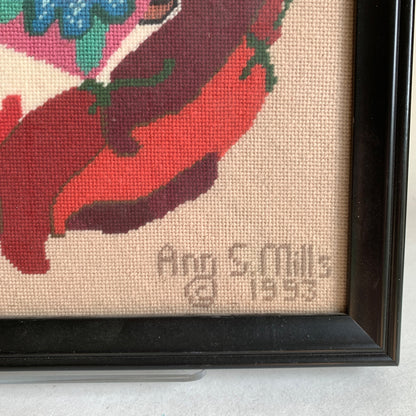 Vintage Ann Speiss Mills Needlepoint Framed Girl Peppers Wreath