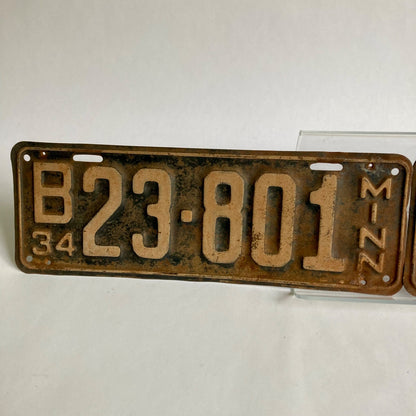 Pair Vintage 1934 Minnesota License Plates Matching Numbers B23-801 MN