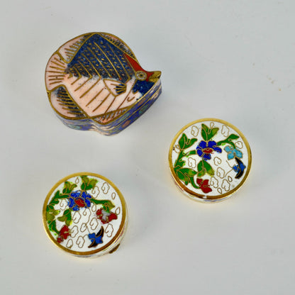 3 Vintage Cloisonné Trinket Pill Boxes Set Fish & Floral Enamel Bronze