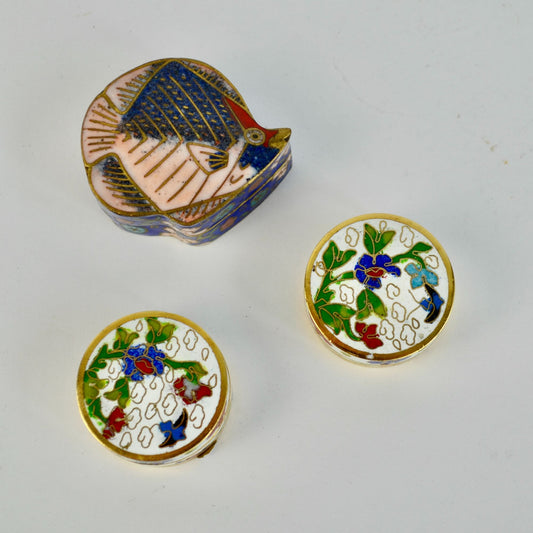 3 Vintage Cloisonné Trinket Pill Boxes Set Fish & Floral Enamel Bronze