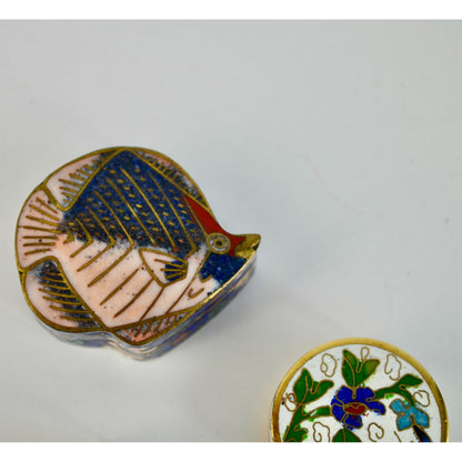 3 Vintage Cloisonné Trinket Pill Boxes Set Fish & Floral Enamel Bronze