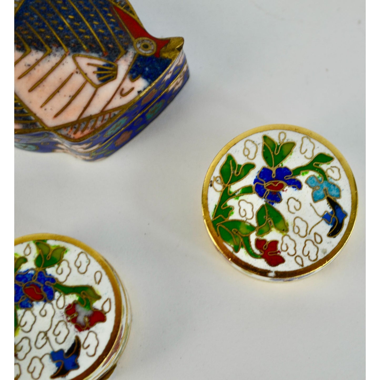3 Vintage Cloisonné Trinket Pill Boxes Set Fish & Floral Enamel Bronze