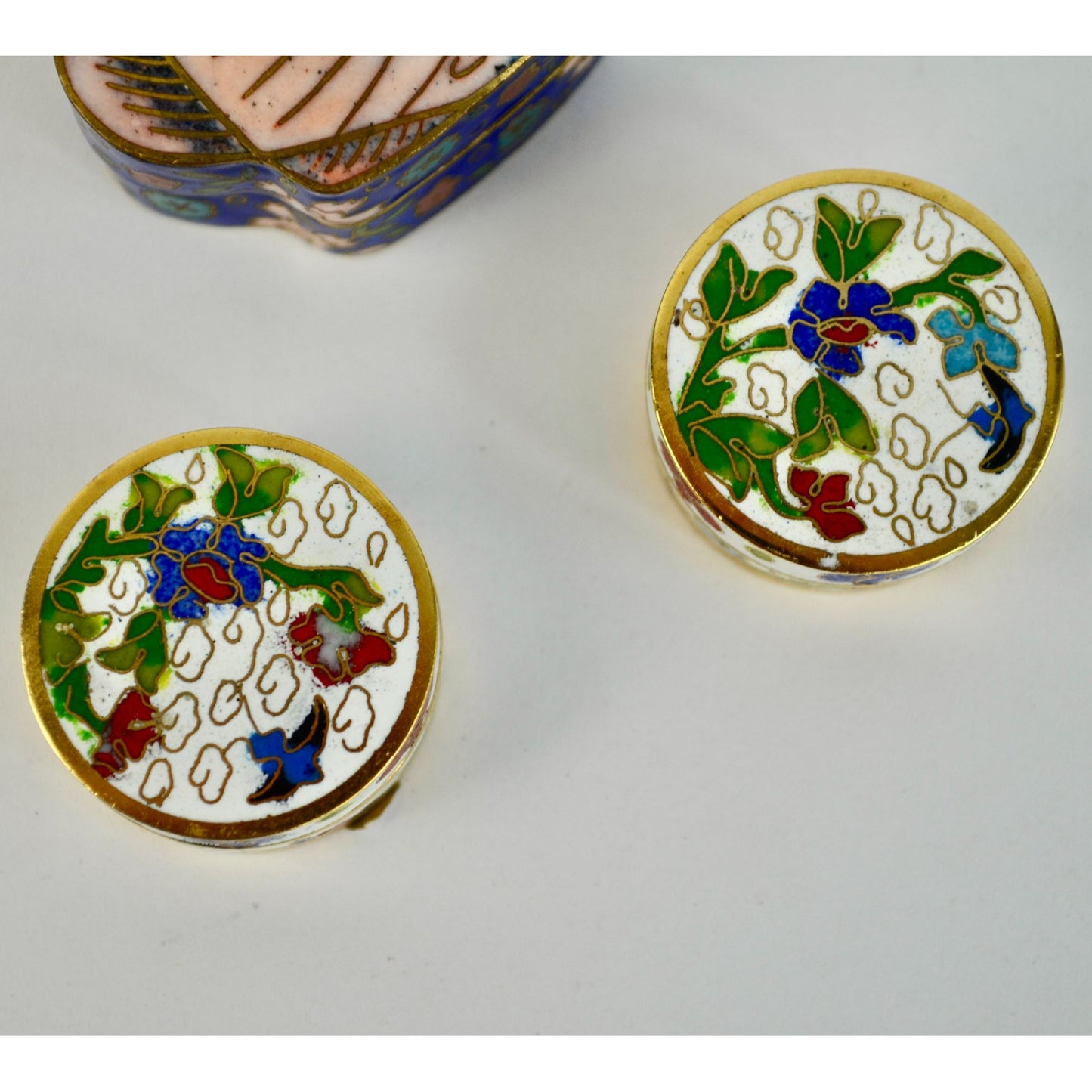 3 Vintage Cloisonné Trinket Pill Boxes Set Fish & Floral Enamel Bronze