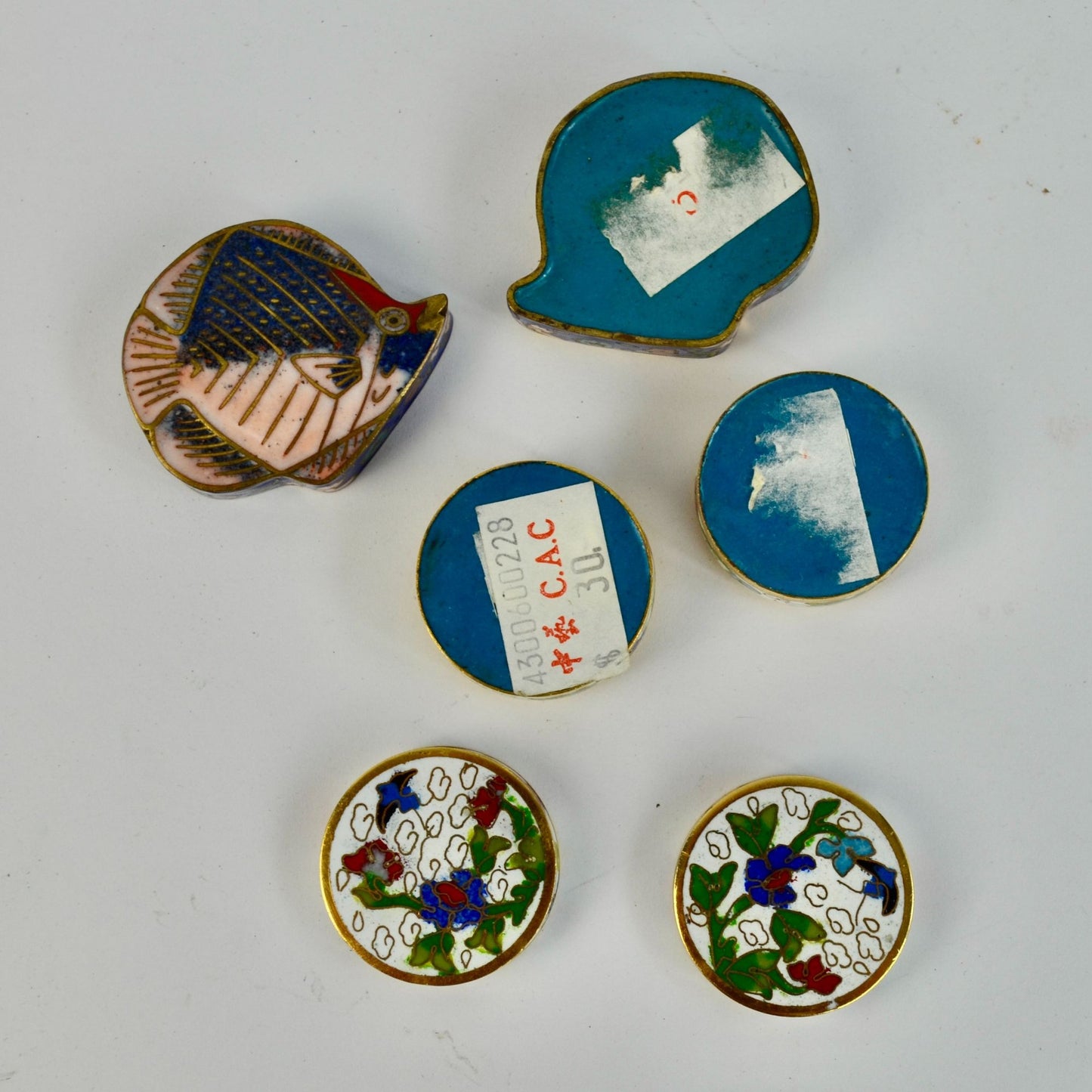 3 Vintage Cloisonné Trinket Pill Boxes Set Fish & Floral Enamel Bronze