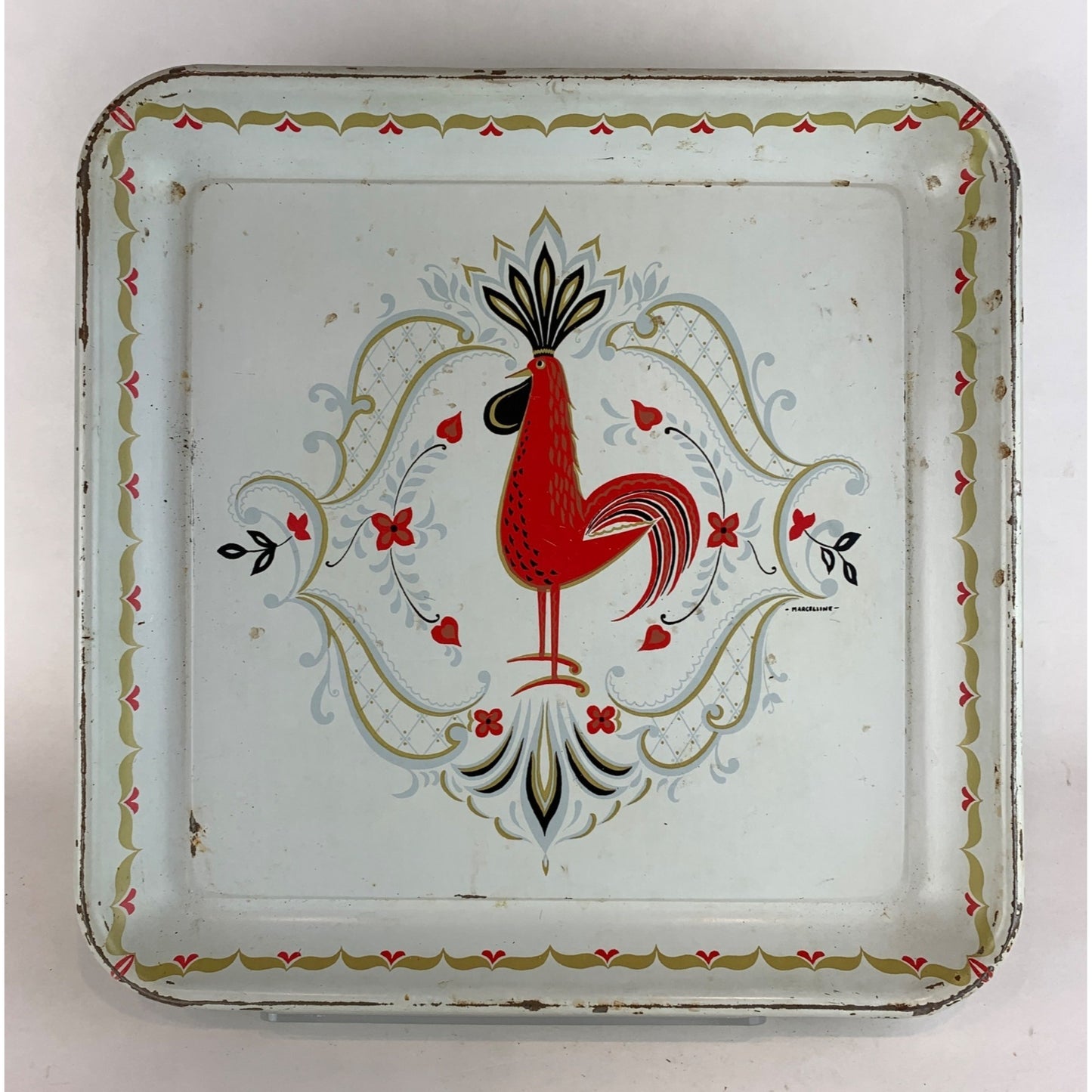 Vintage Marcelline Rooster Tray 13" Metal Serving Platter Mid-Century Retro