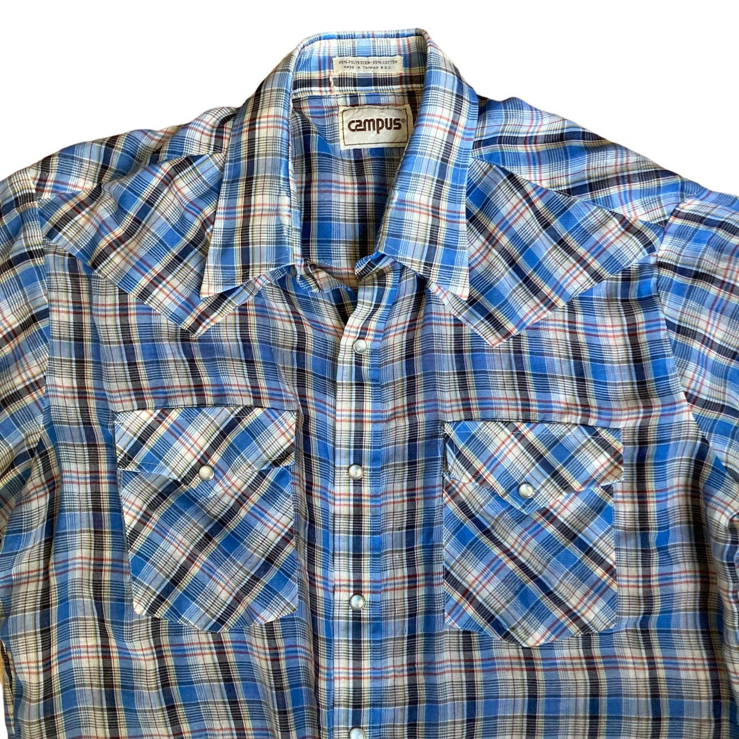 Vintage Campus Long-Sleeve Western Shirt Pearl Snap Men's Size Large Blue Plaid