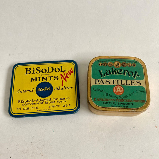 Lot 2 Vintage Tins Lakerol Pastilles & Bisodol Mints Antacid Alkalizer