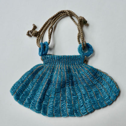 Art Deco Vintage Teal Glass Beaded Drawstring Handbag
