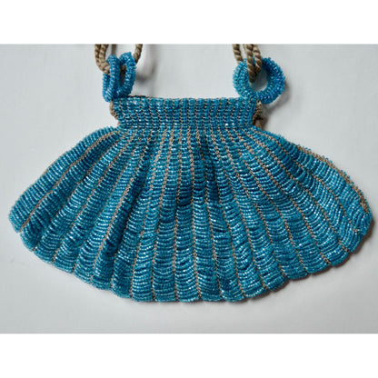 Art Deco Vintage Teal Glass Beaded Drawstring Handbag