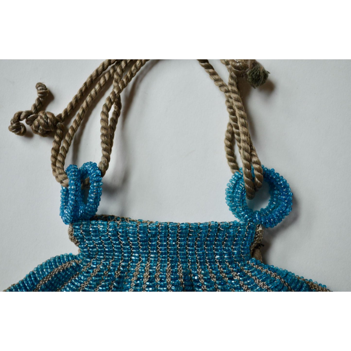 Art Deco Vintage Teal Glass Beaded Drawstring Handbag
