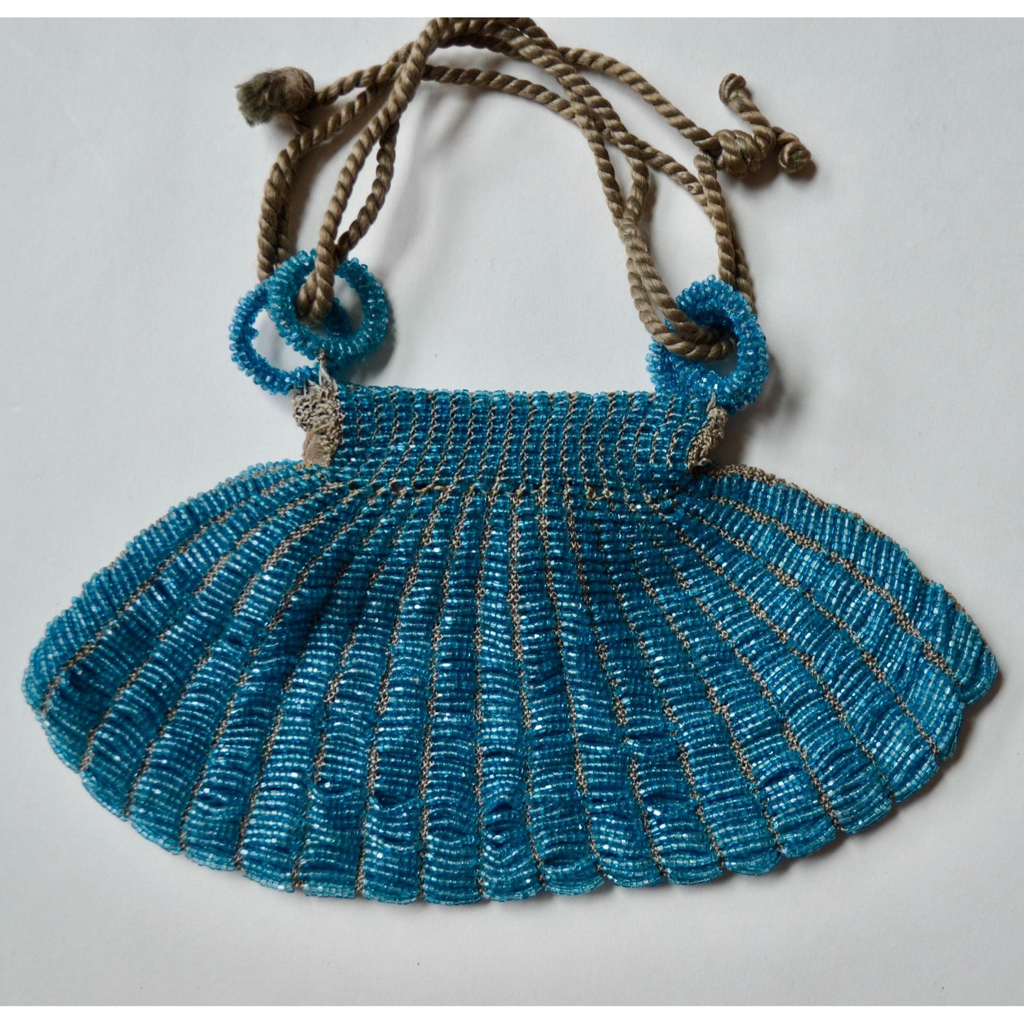 Art Deco Vintage Teal Glass Beaded Drawstring Handbag