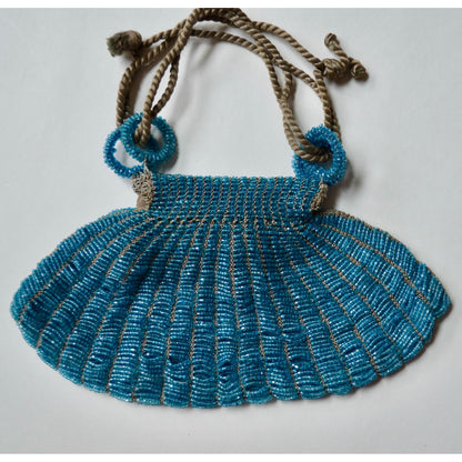 Art Deco Vintage Teal Glass Beaded Drawstring Handbag