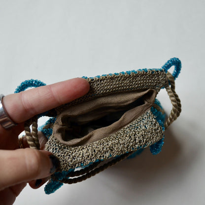 Art Deco Vintage Teal Glass Beaded Drawstring Handbag