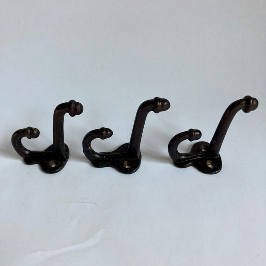 Lot 3 Antique Cast Iron Double Acorn Tip Coat Hooks Hat Vintage Original