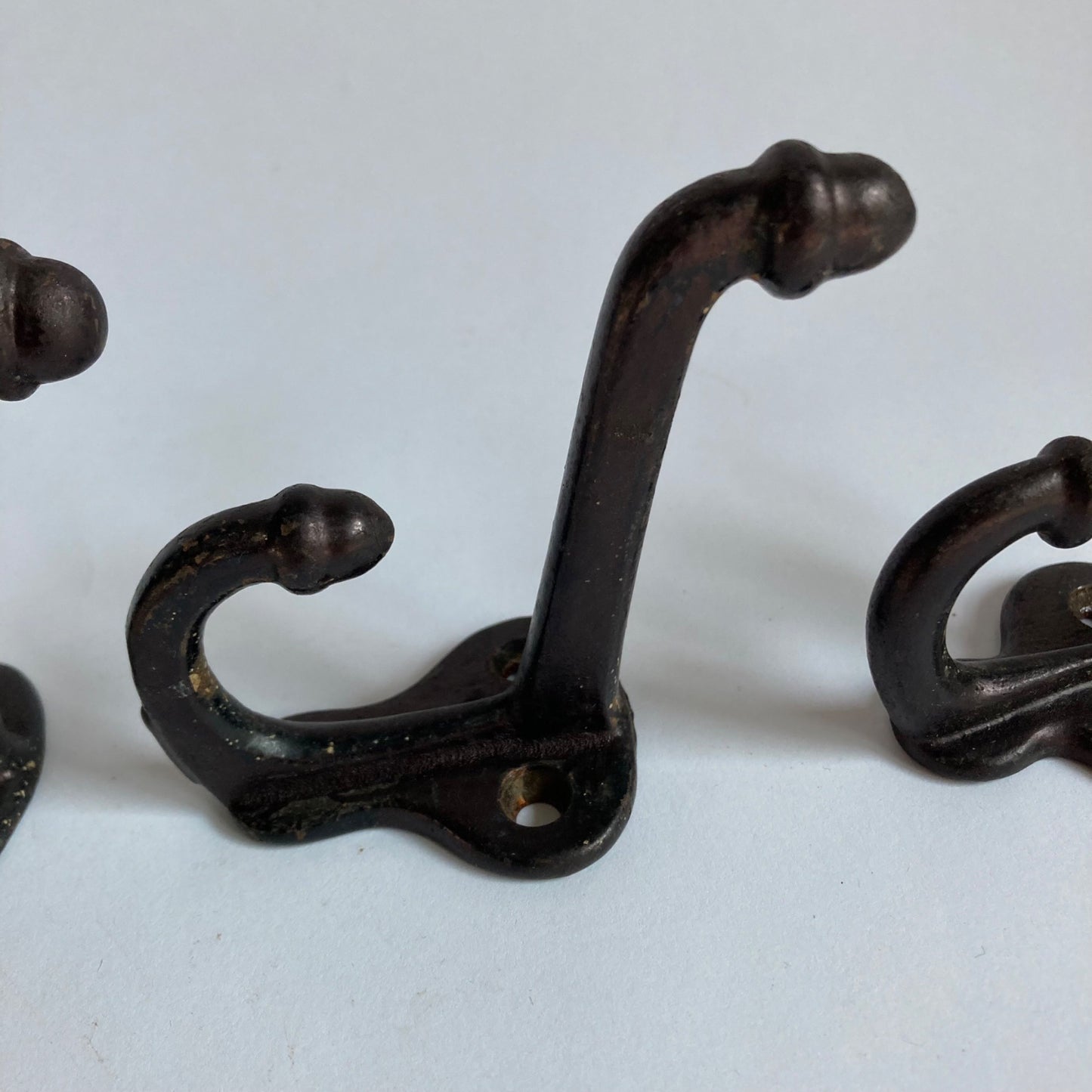 Lot 3 Antique Cast Iron Double Acorn Tip Coat Hooks Hat Vintage Original