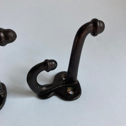 Lot 3 Antique Cast Iron Double Acorn Tip Coat Hooks Hat Vintage Original