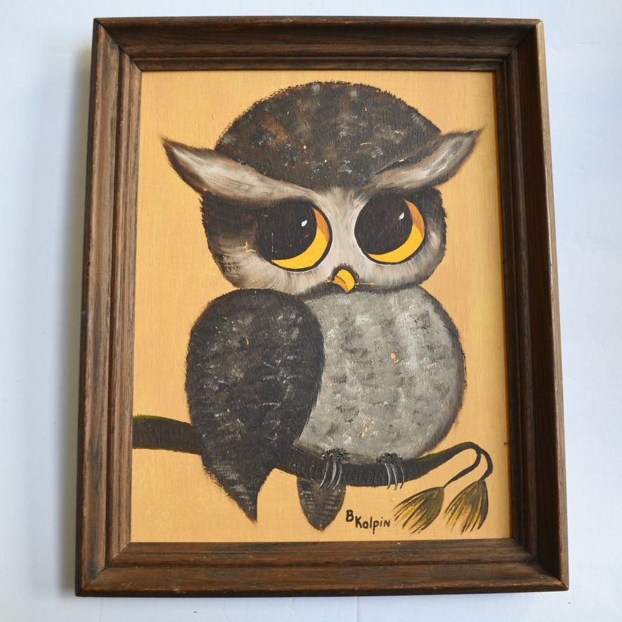Vintage Owl On Branch Folk Art Handpainted BIG EYES MCM Signed