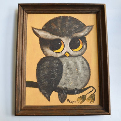 Vintage Owl On Branch Folk Art Handpainted BIG EYES MCM Signed