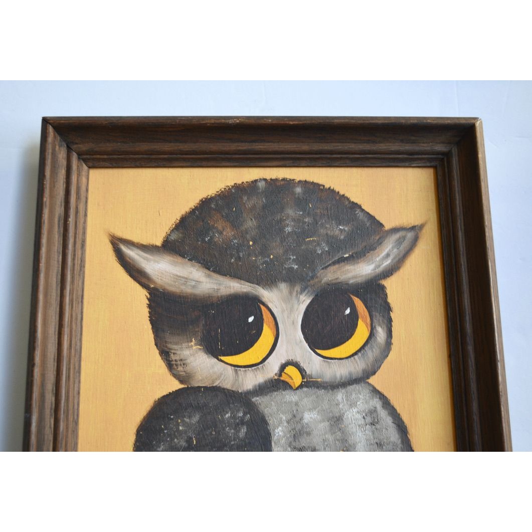 Vintage Owl On Branch Folk Art Handpainted BIG EYES MCM Signed
