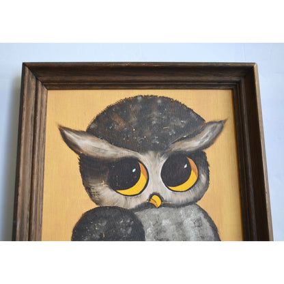 Vintage Owl On Branch Folk Art Handpainted BIG EYES MCM Signed