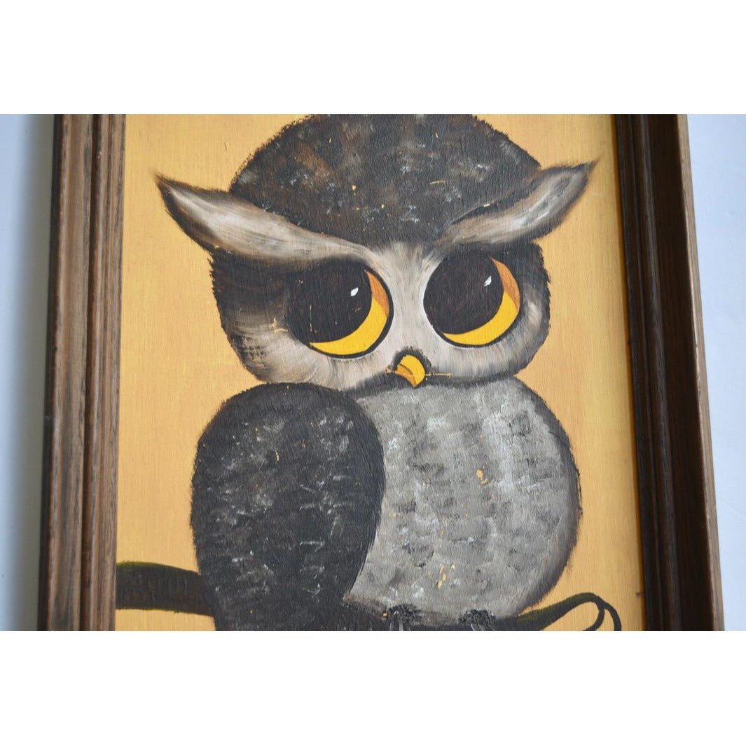 Vintage Owl On Branch Folk Art Handpainted BIG EYES MCM Signed