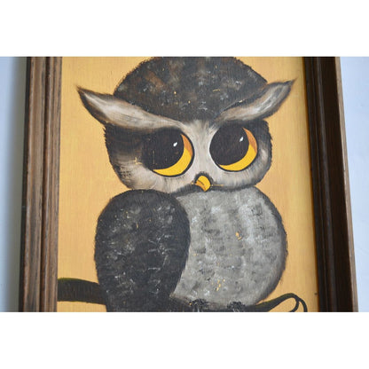 Vintage Owl On Branch Folk Art Handpainted BIG EYES MCM Signed