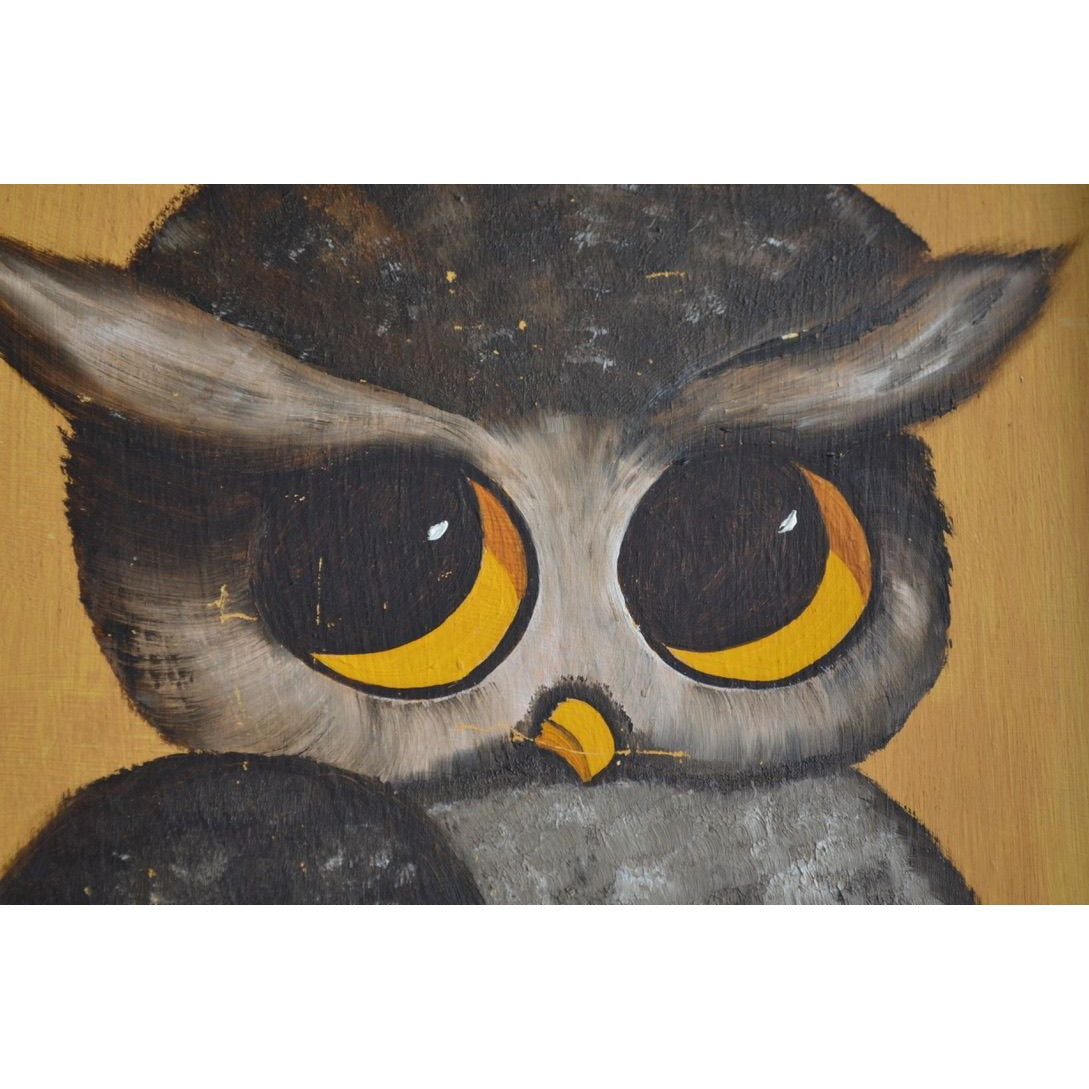 Vintage Owl On Branch Folk Art Handpainted BIG EYES MCM Signed